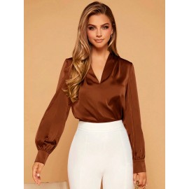 Solid V Neck Satin Blouse Solid V Neck Satin Blouse