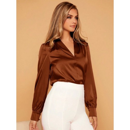 Solid V Neck Satin Blouse Solid V Neck Satin Blouse