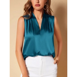 Solid V Neck Satin Blouse,Sleeveless Tops Solid V Neck Satin Blouse,Sleeveless Tops