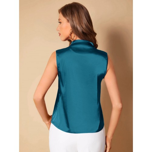 Solid V Neck Satin Blouse,Sleeveless Tops Solid V Neck Satin Blouse,Sleeveless Tops