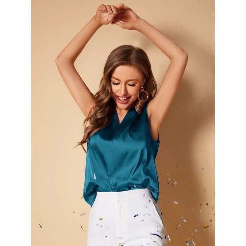 Solid V Neck Satin Blouse,Sleeveless Tops Solid V Neck Satin Blouse,Sleeveless Tops