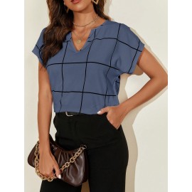 Casual Commuter Plaid Notched Neck Short Sleeve Shirt Casual Commuter Plaid Notched Neck Short Sleeve Shirt