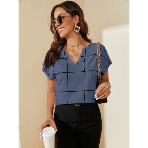 Casual Commuter Plaid Notched Neck Short Sleeve Shirt Casual Commuter Plaid Notched Neck Short Sleeve Shirt