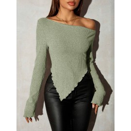 Grunge Asymmetrical Neck Rib-Knit Tee,Fall Women Going Out Tops Grunge Asymmetrical Neck Rib-Knit Tee,Fall Women Going Out Tops