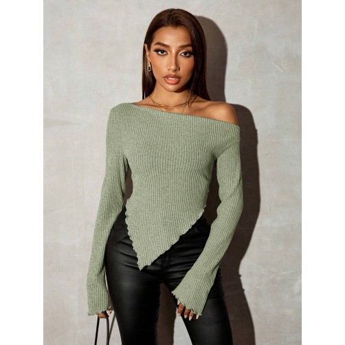 Grunge Asymmetrical Neck Rib-Knit Tee,Fall Women Going Out Tops Grunge Asymmetrical Neck Rib-Knit Tee,Fall Women Going Out Tops