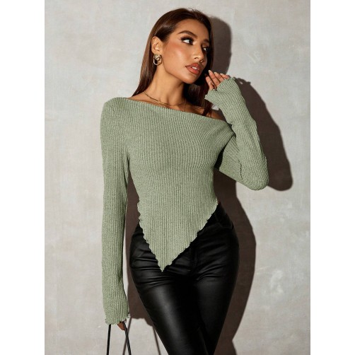 Grunge Asymmetrical Neck Rib-Knit Tee,Fall Women Going Out Tops Grunge Asymmetrical Neck Rib-Knit Tee,Fall Women Going Out Tops