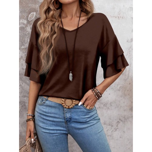 Women's Double Layer Ruffle Trim Short Sleeve T-Shirt Women's Double Layer Ruffle Trim Short Sleeve T-Shirt