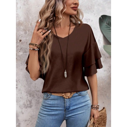 Women's Double Layer Ruffle Trim Short Sleeve T-Shirt Women's Double Layer Ruffle Trim Short Sleeve T-Shirt