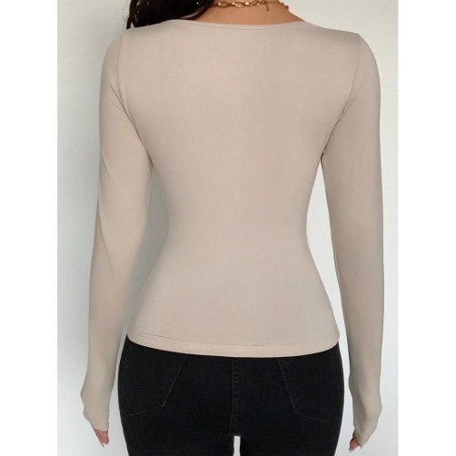 Sexy Solid Color Elastic Knit Crew Neck Tie Decor Long Sleeve Slim Fit Button Embellished Versatile Women T-Shirt Fall Cloth For Women Sexy Solid Color Elastic Knit Crew Neck Tie Decor Long Sleeve Slim Fit Button Embellished Versatile Women T-Shirt Fall Cloth For Women
