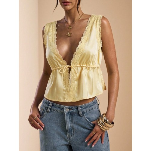 Yellow Satin & Lace Patchwork Camisole Top, Suitable For Vacations, Beach, Music Festivals, Brunch, Wedding Guest, Bridesmaid, Yellow Satin & Lace Patchwork Camisole Top, Suitable For Vacations, Beach, Music Festivals, Brunch, Wedding Guest, Bridesmaid,