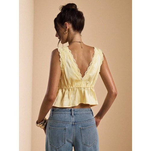 Yellow Satin & Lace Patchwork Camisole Top, Suitable For Vacations, Beach, Music Festivals, Brunch, Wedding Guest, Bridesmaid, Yellow Satin & Lace Patchwork Camisole Top, Suitable For Vacations, Beach, Music Festivals, Brunch, Wedding Guest, Bridesmaid,