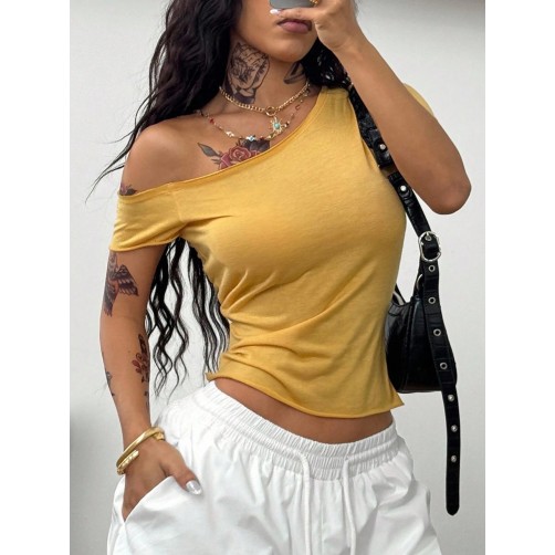 Women Asymmetrical Neck Solid Color Short Casual Summer Fashion T-Shirt, Yellow Top Women Asymmetrical Neck Solid Color Short Casual Summer Fashion T-Shirt, Yellow Top