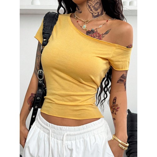 Women Asymmetrical Neck Solid Color Short Casual Summer Fashion T-Shirt, Yellow Top Women Asymmetrical Neck Solid Color Short Casual Summer Fashion T-Shirt, Yellow Top