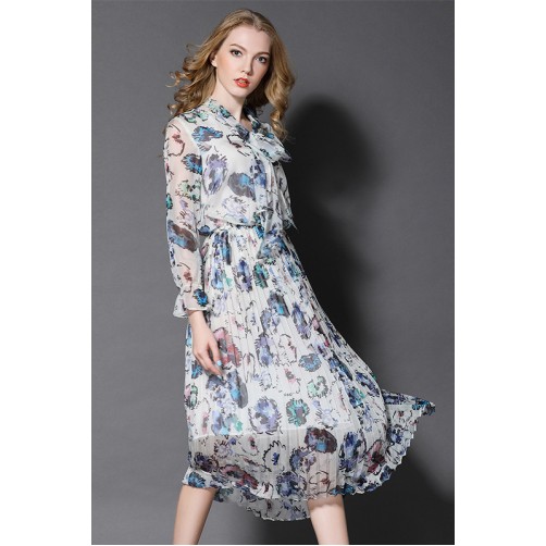 Bow Collar Floral Pleated Dress